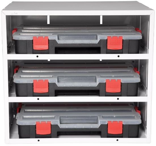 weather guard three shelf stackable cabinet with three 3 small parts organizer cases 9961 9 01